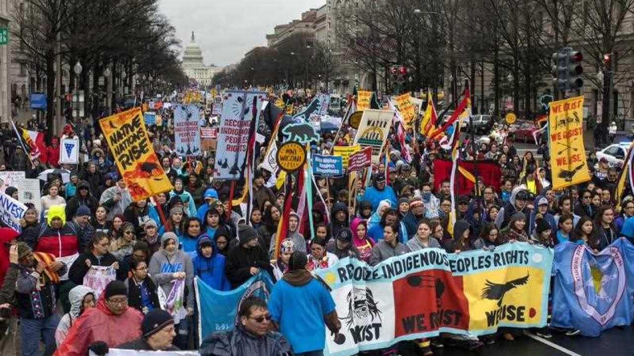 Protestors against US President Donald J. Trump's support for the Dakota Access pipeline march down Pennsylvania Avenue