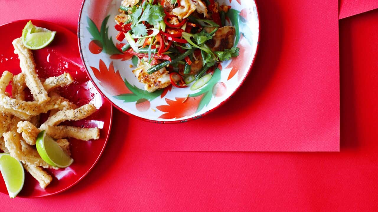 Warm custard apple salad with salt and pepper squid