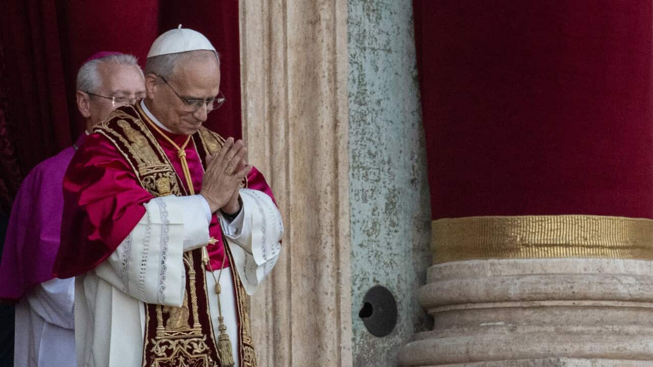 ITALY - NEWLY ELECTED POPE LEO XIV , ROBERT PREVOST APPEARS AT THE CENTRAL LOGGIA BALCONY OF THE ST PETER'S BASILICA FOR THE FIRST TIME , AFTER THE CARDINALS ENDED THE CONCLAVE IN THE VATICAN - 2025/5/8