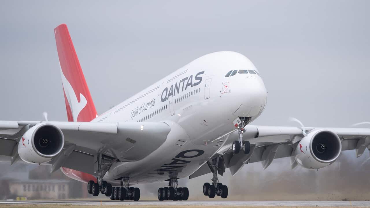 A Qantas aircraft landing on a tarmac.