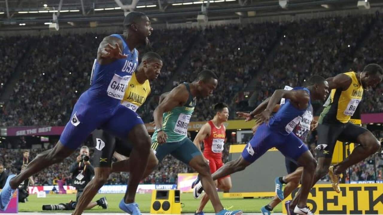 Justin Gatlin celebrates.