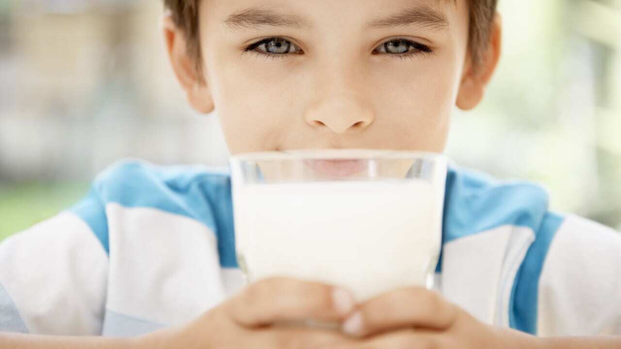 A young boy with a glass of milk