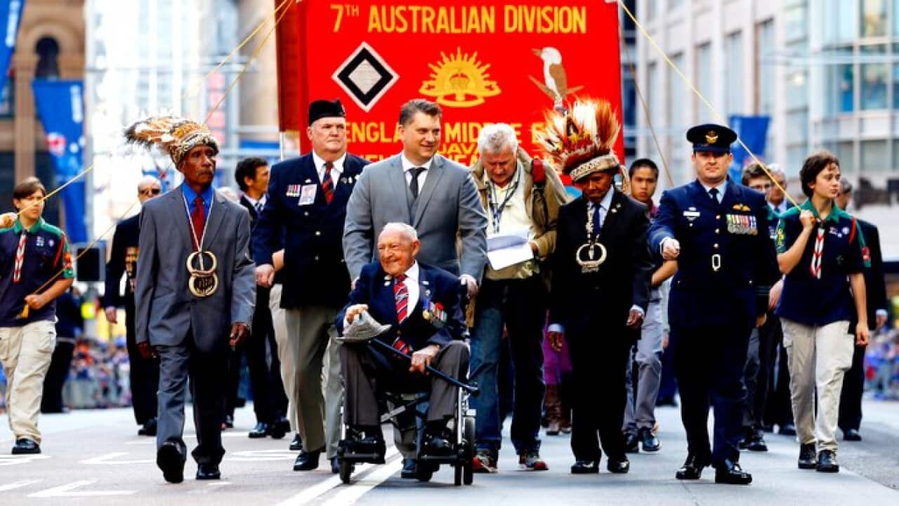 Veterans march during the Anzac Day parade in Sydney, Saturday, April 25, 2015. This year marks the 100th anniversary of Australian forces landing at Gallipoli. (AAP Image/Nikki Short) NO ARCHIVING