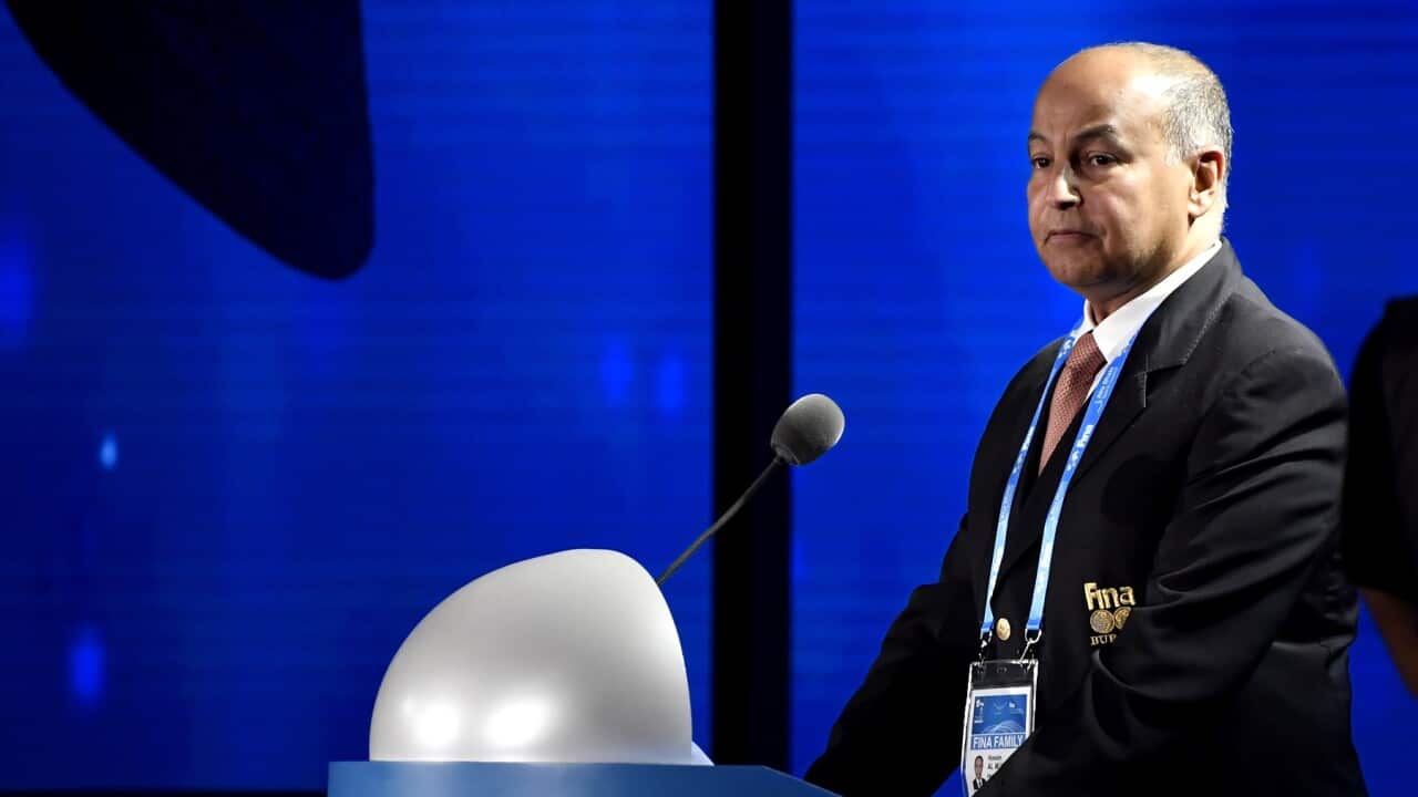 FINA President Husain Al-Musallam looks on during his speech