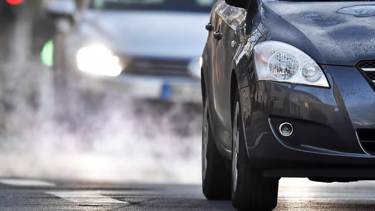 Two cars drive towards the camera.
