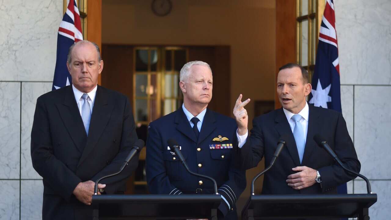 Tony Abbott, Air Chief Marshal Mark Binskin and Defence Minister David Johnston