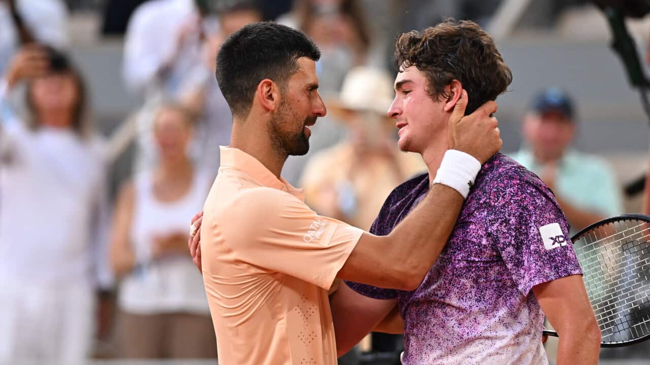 Novak Djokovic (SRB) congratulates Joao Fonseca (BRA) after their third round match at the 2026 Roland-Garros tournament in Paris, FRANCE, on May 29, 2026
