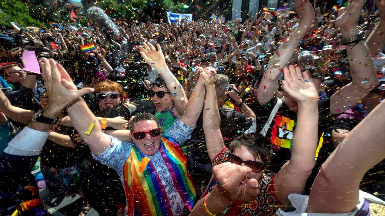 People celebrate the same-sex marriage postal survey result in front of the State Library of Victoria in Melbourne, Wednesday, November 15, 2017