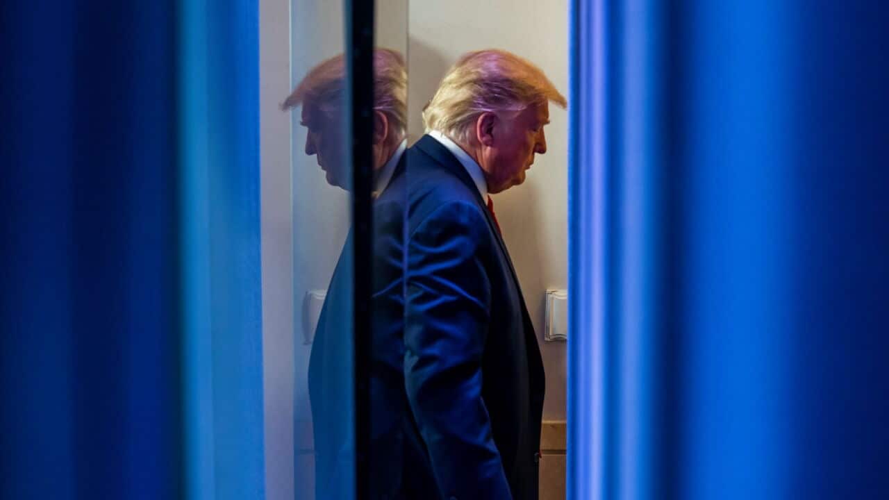 US President Donald J. Trump departs after delivering remarks on the pandemic