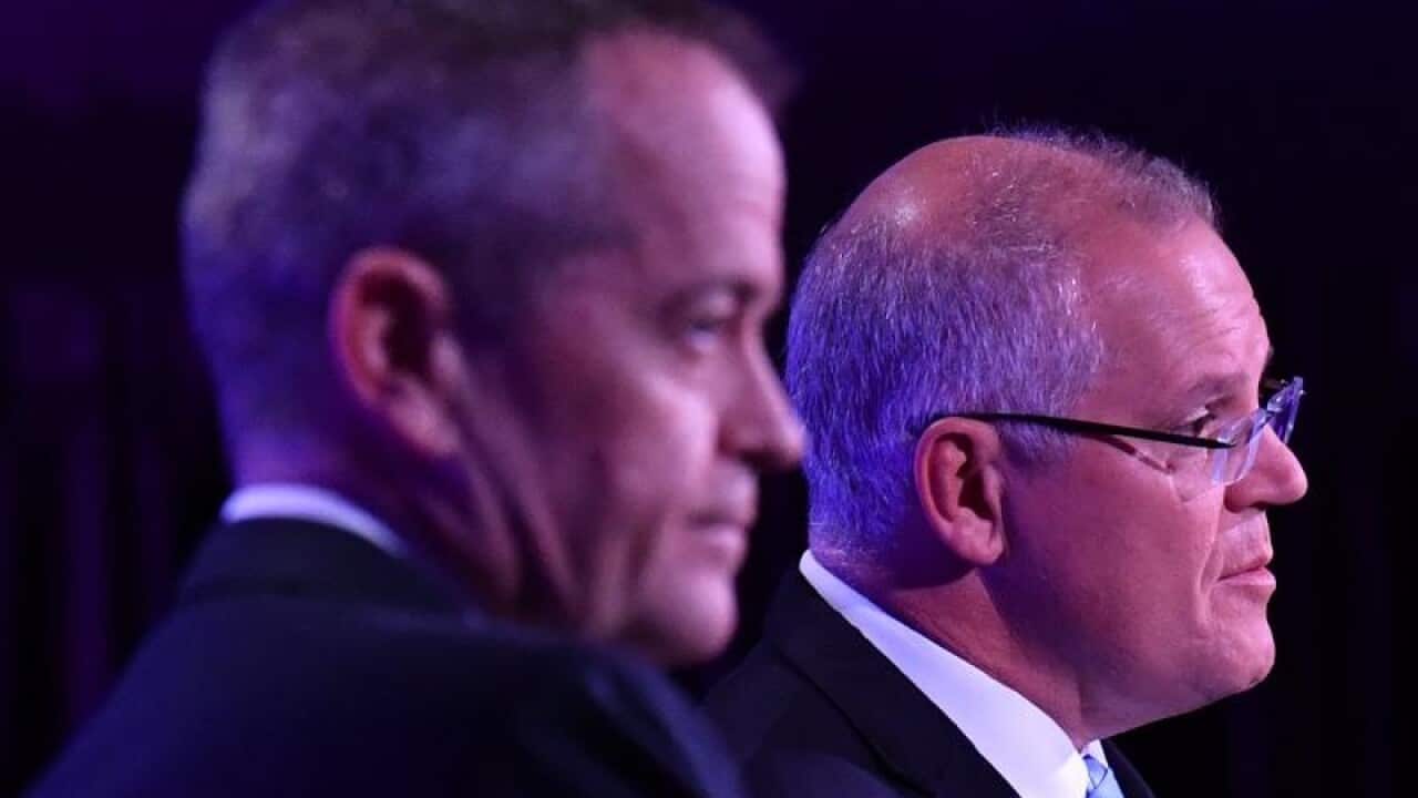 Bill Shorten and Scott Morrison during the third leaders debate, 2019.