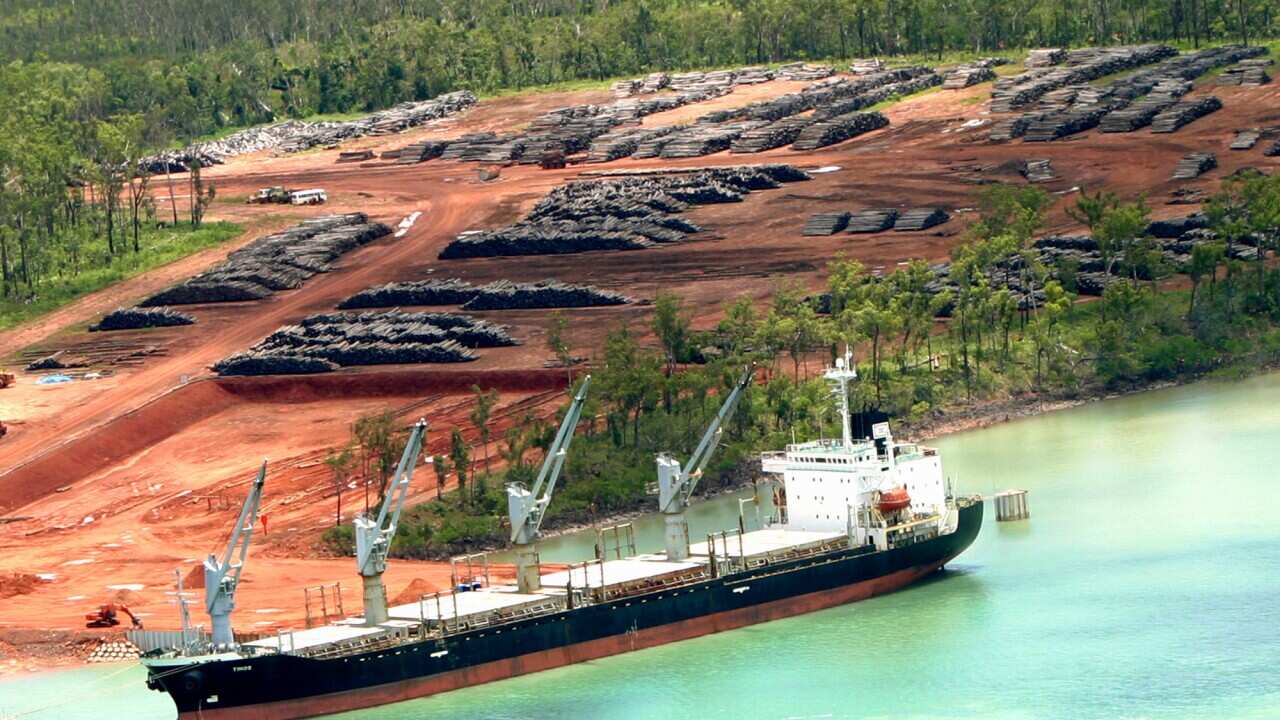 An ocean freighter loads hardwood bound for China from Port Melville in Tiwi Islands, located 80km north of Darwin, Feb 10, 2006. (AAP/Terry Trewin)