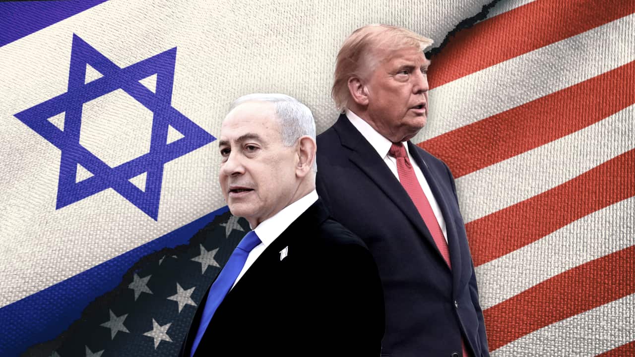 A graphic of the American and Israeli flags in the background to Donald Trump and Benjamin Netanyahu