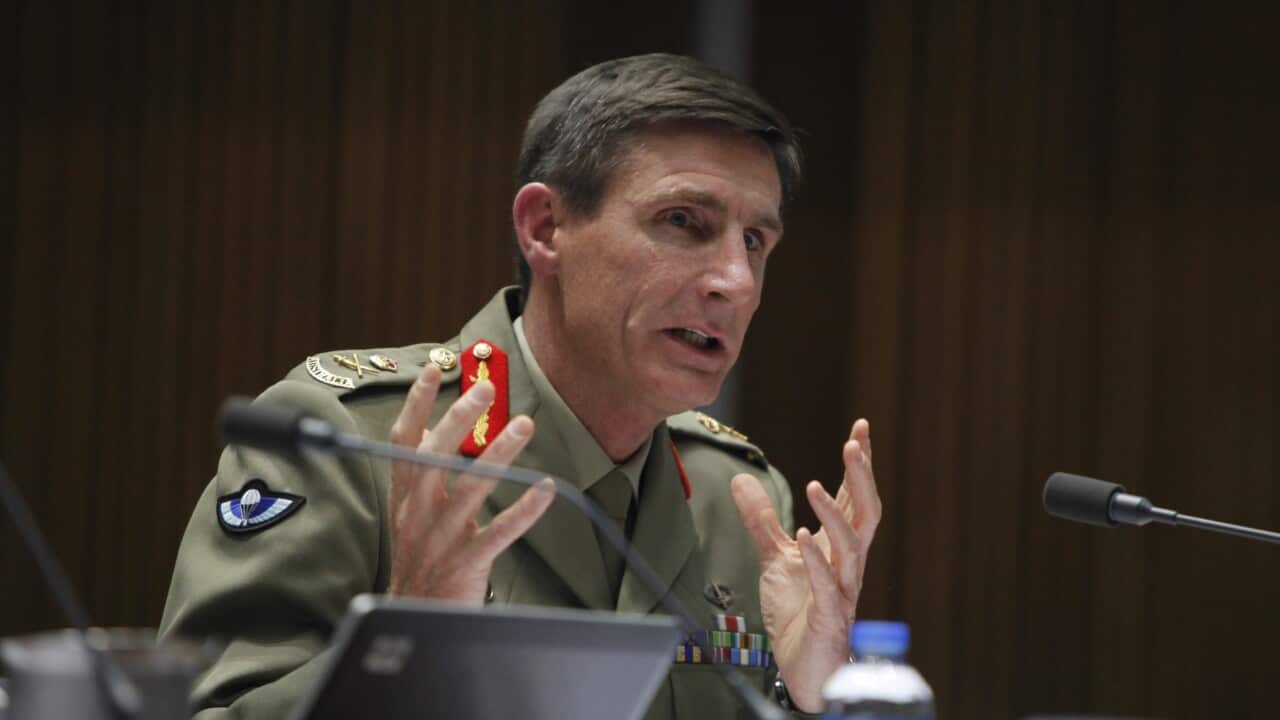 Commander of Sovereign Borders Operation Lieutenant General Angus Campbell during Senate Estimates at Parliament House in Canberra, Tuesday, Nov. 19, 2013. (AAP Image/Daniel Munoz) NO ARCHIVING