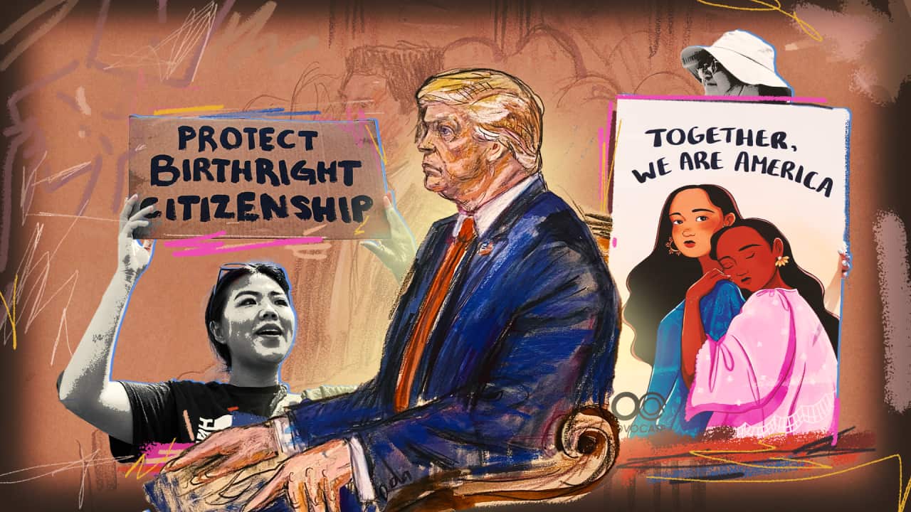 Graphic art showing court artist picture of Donald Trump, an image of a woman holding a sign reading 'protect birthright citizenship' and another of a person holding a sign reading 'together, we are america'