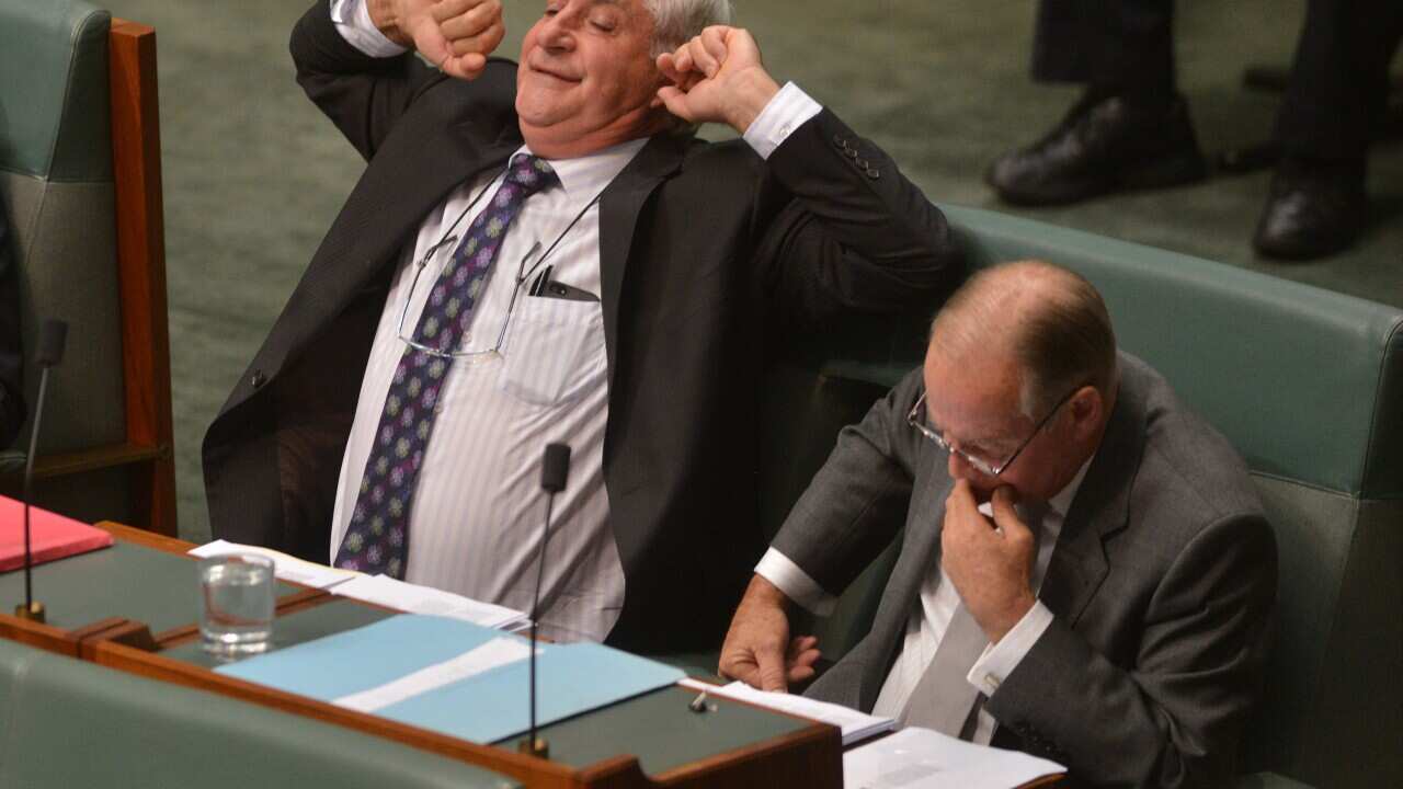 Government backbenchers Don Randal and Russell Broadbent during question time in the House of representatives at Parliament House, Canberra, Thursday 29 May, 2014. (AAP Image/Gary Schafer) NO ARCHIVING