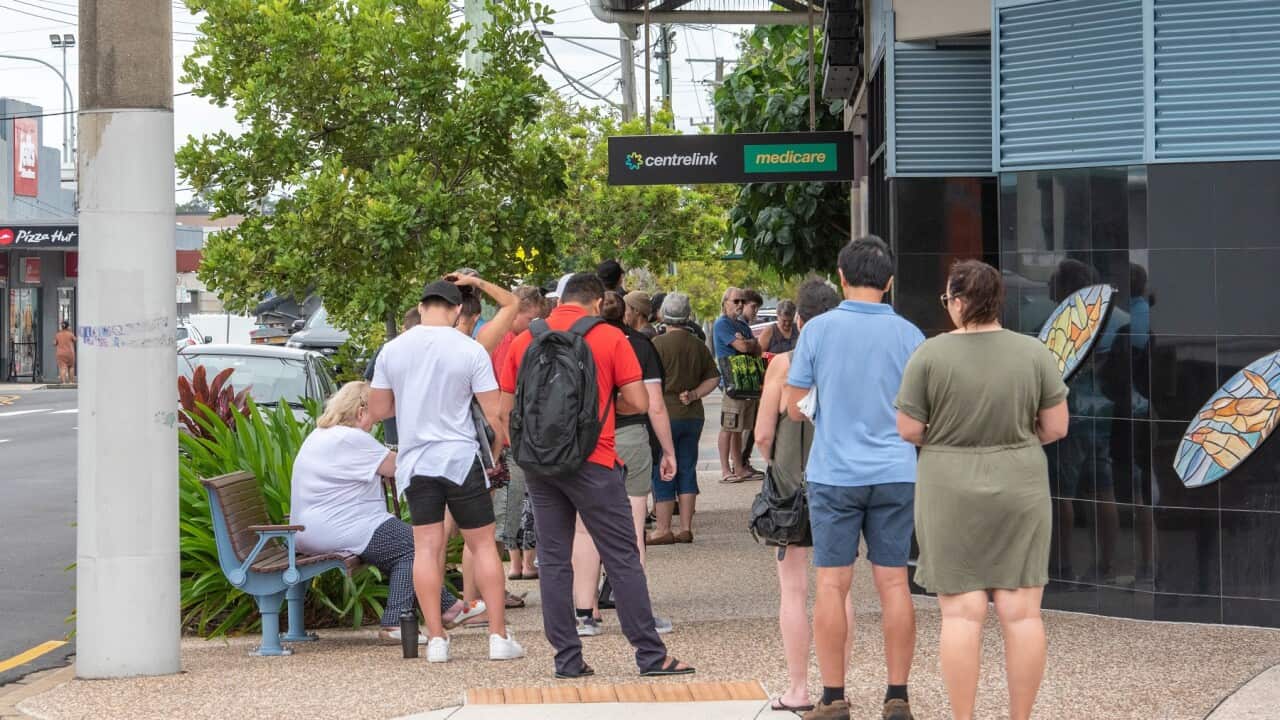 Australians queue at Centrelink during covid-19 pandemic.