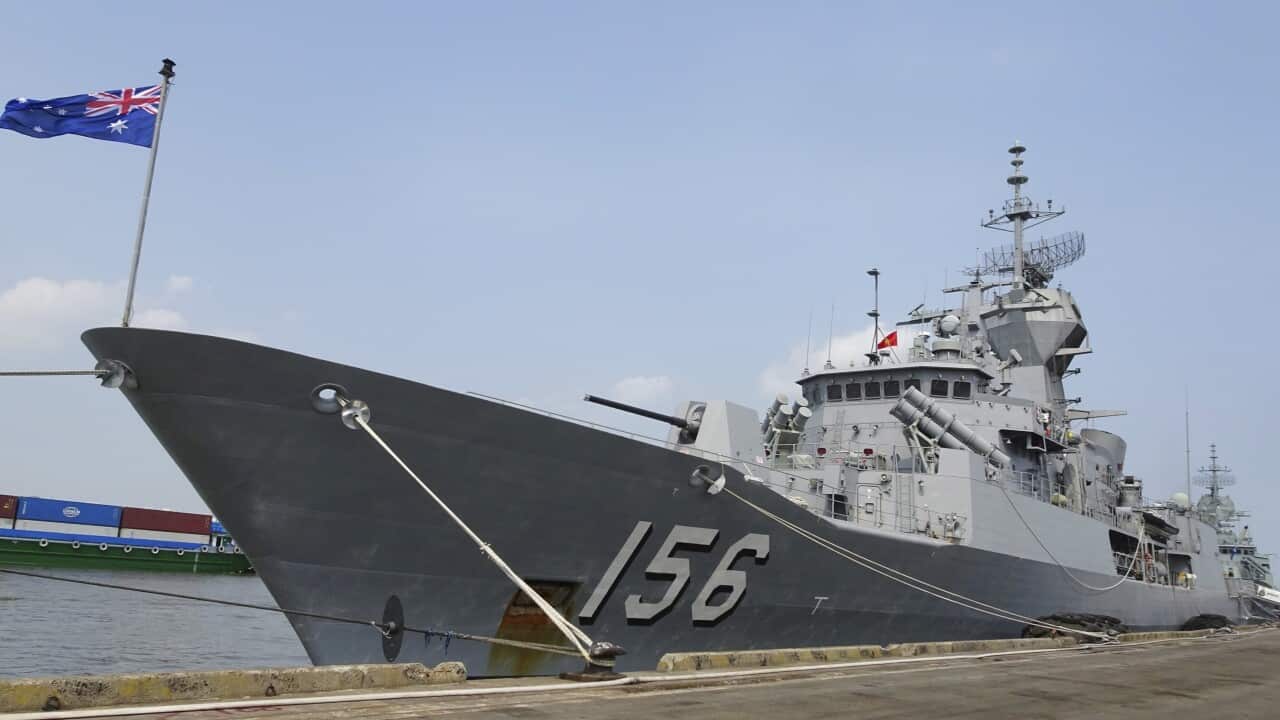 Royal Australian Navy frigate HMAS Toowoomba is docked at Saigon port.