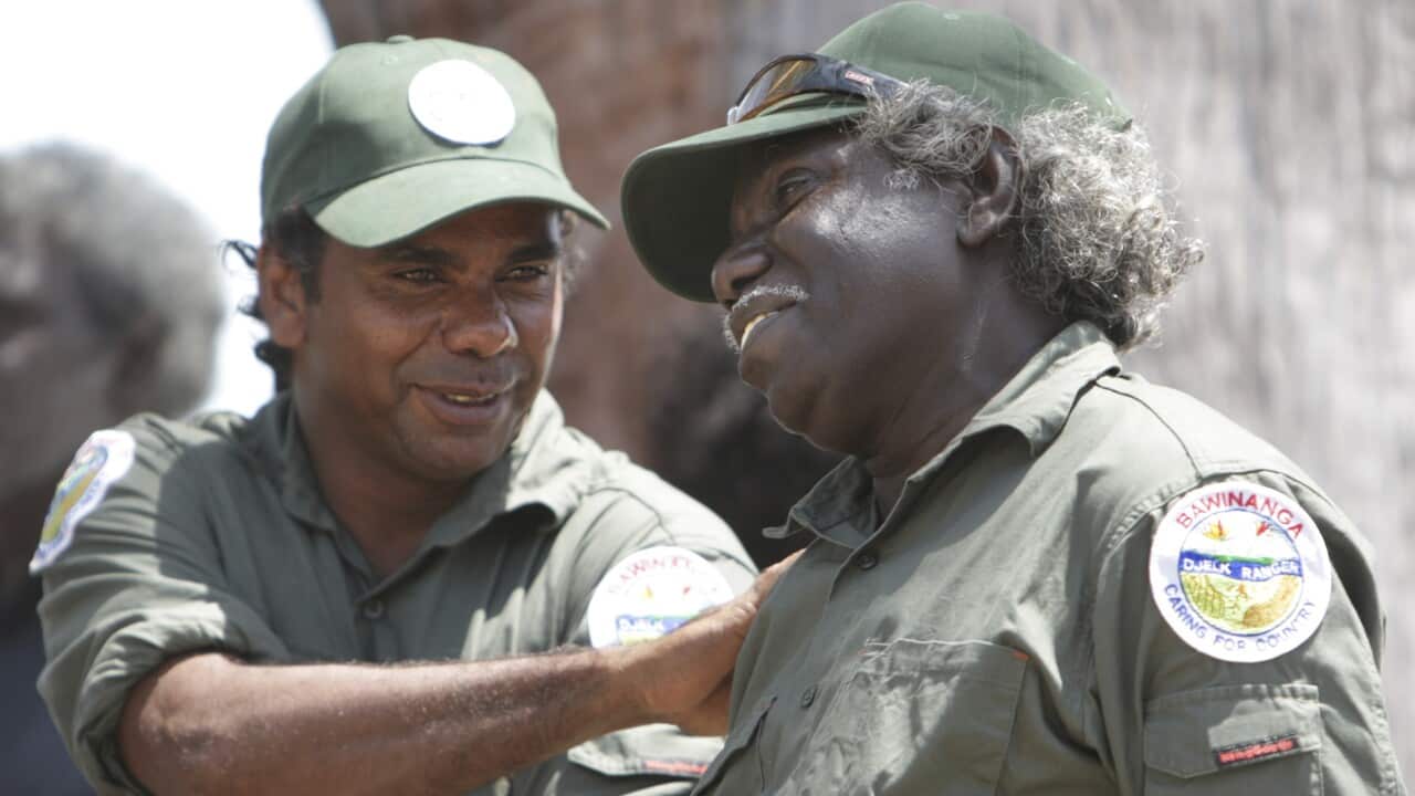 File photo of Djelk ranger Samuel Gulwa with colleague Victor Rostron.