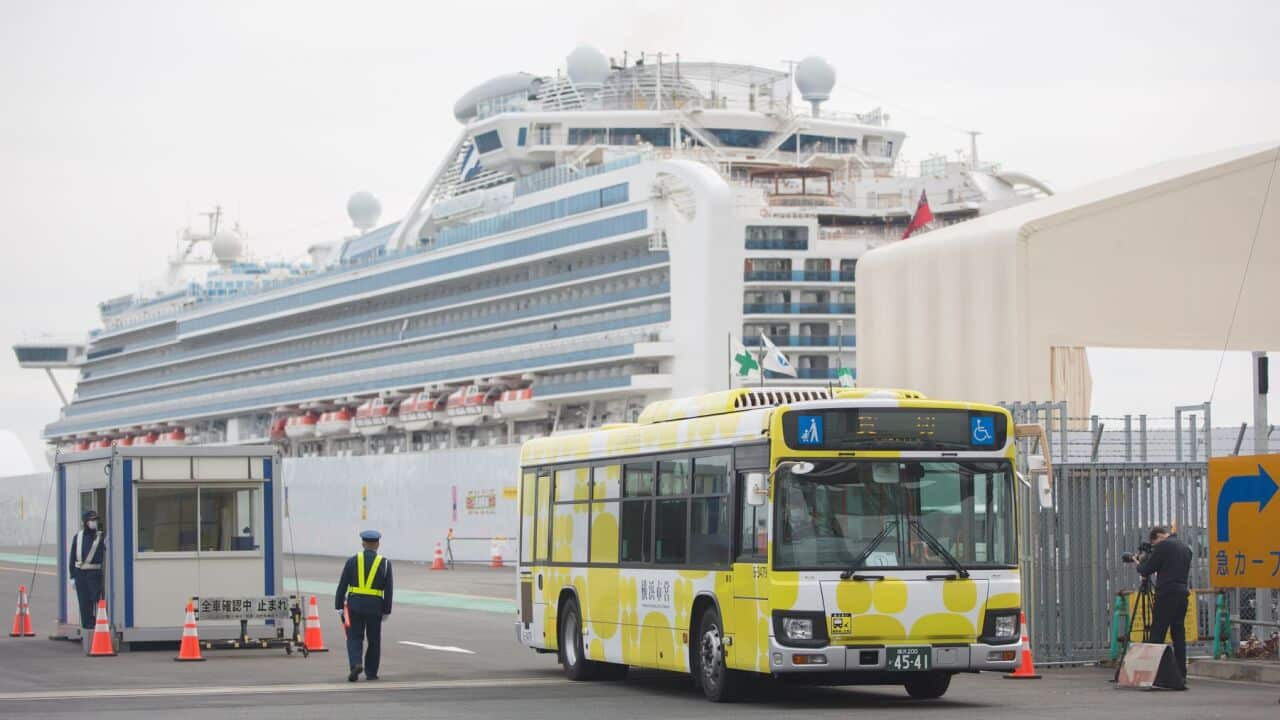 Former passengers of the Diamond Princess cruise ship leave on a chartered bus after spending weeks on board in quarantine due to fears of spreading the COVID19