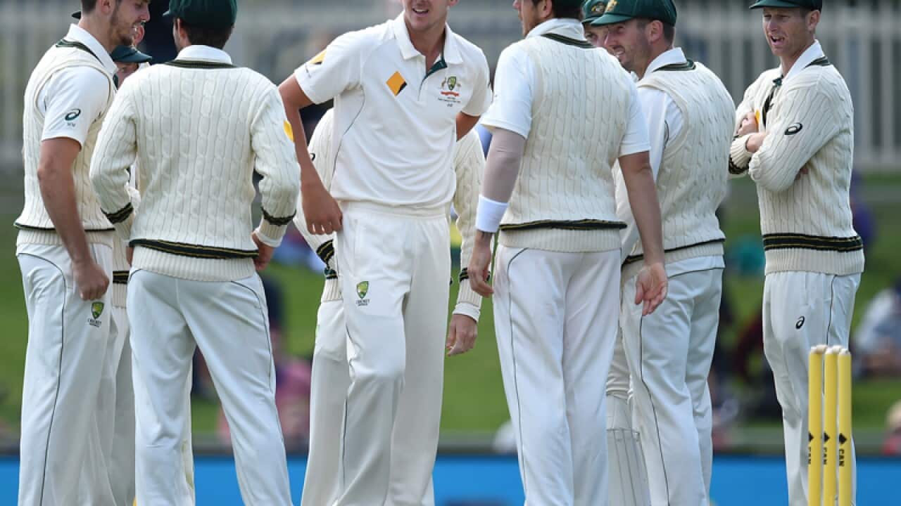 Australian bowler Josh Hazlewood (centre)
