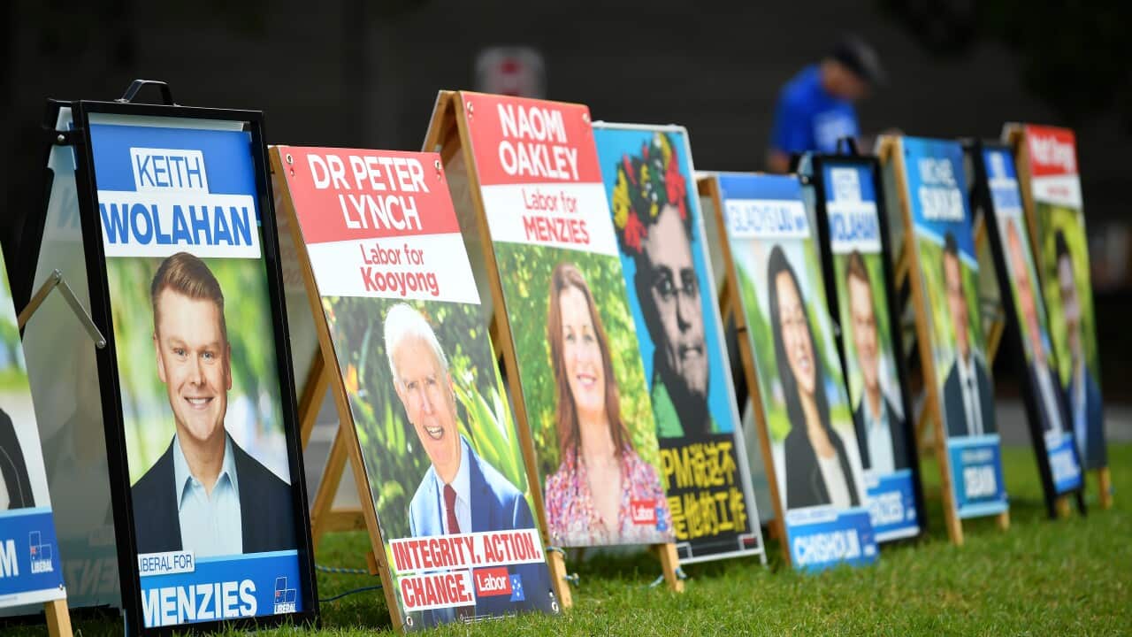 Election corflutes outside the Australian Electoral Commission early voting centre in Melbourne