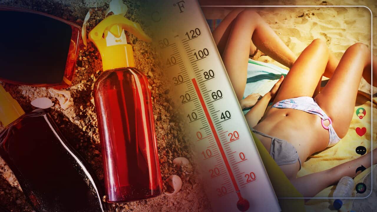 Composite image of thermometer, people laying on beach, and tanning oil in bottles.