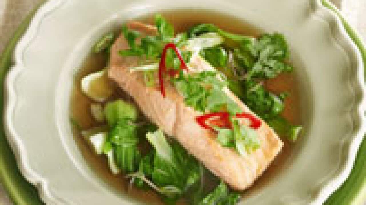 Ginger broth with salmon and pak choy