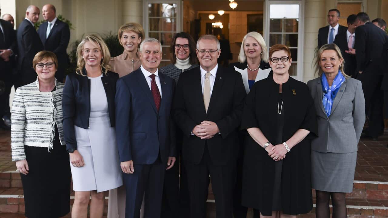 Federal cabinet pose for photographs, after the announcement of new female ministry members, Canberra, Wednesday, 29 May 2019.