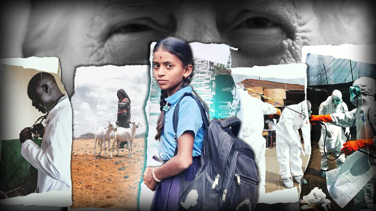 Graphic art showing the top of a person's face in black-and-white in the background, with five vertical pictures overlaid. (Left to right) a doctor in a white coat with a stethoscope around his neck, a man with two white goats on arid land, a girl in grey school skirt and blue shirt carrying a backpack, two pictures of four workers in full white protective gear