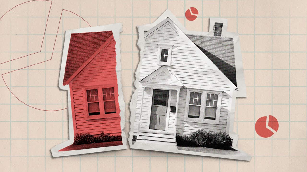 Graphic art of a paper cutout of a house that is ripped in two. The left side of the house is coloured in red and the other black and white. There is grid paper and pink pie charts in the background.