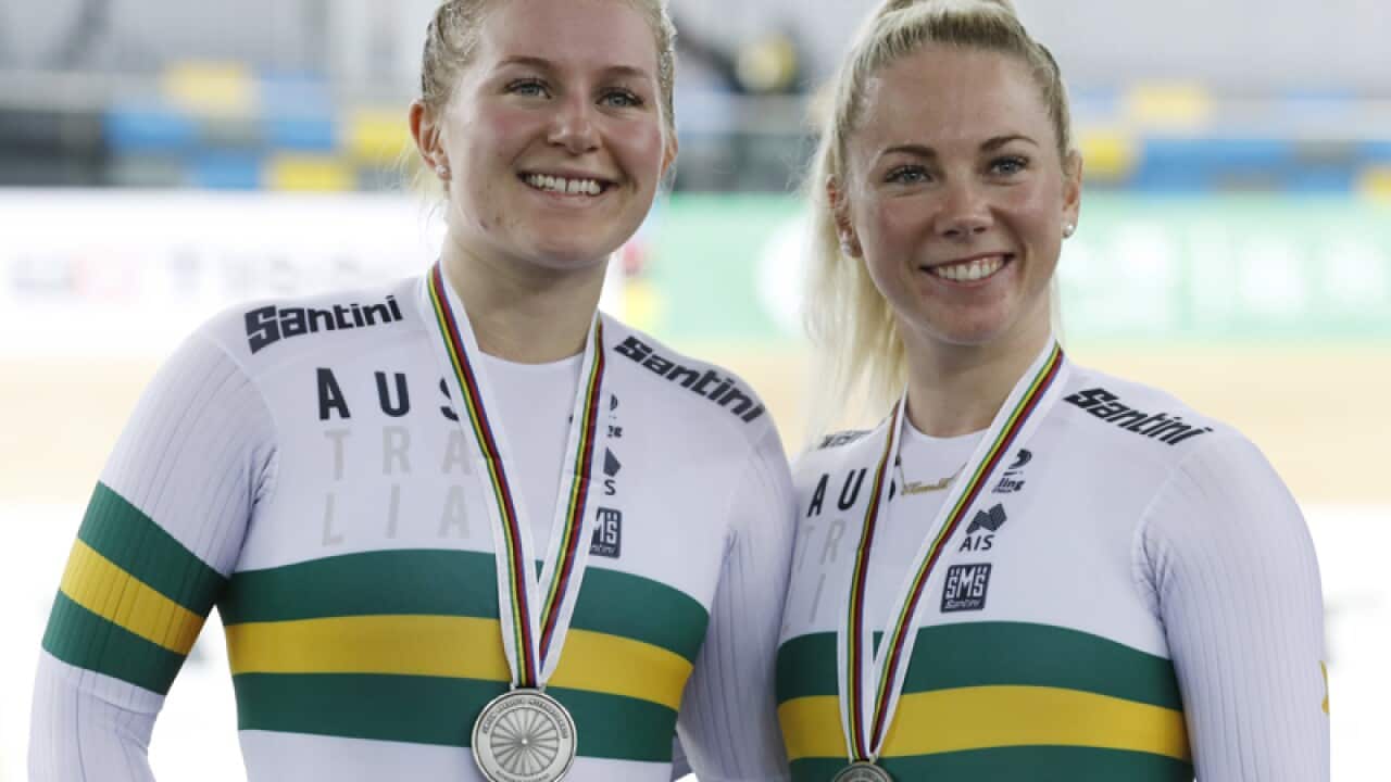 Australian cyclists Kaarle McCulloch (R) and Stephanie Morton