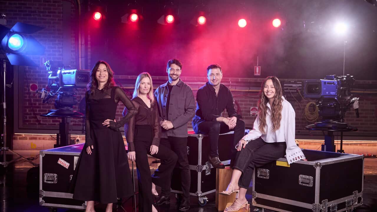 L-R Insight presenter Kumi Taguchi and Dateline presenters Calliste Weitenberg, Darren Mara, Colin Cosier and Rhiona-Jade Armont.