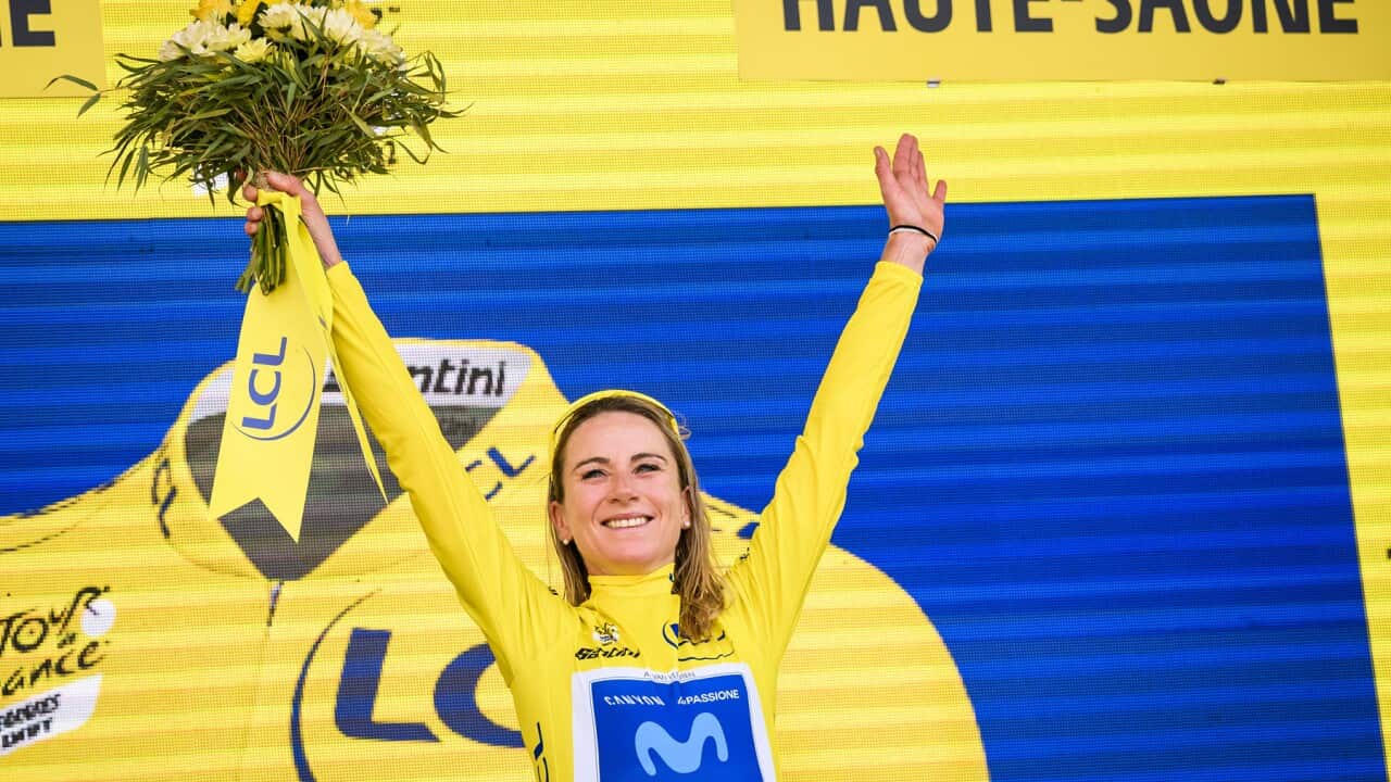 Winner Annemiek van Vleuten in the Tour de France yellow jersey