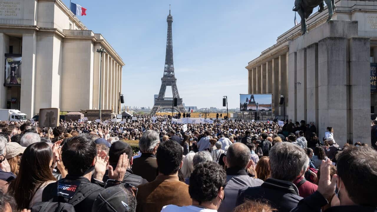 Protesters seeking justice for Sarah Halimi gather on Trocadero plaza in Paris, France