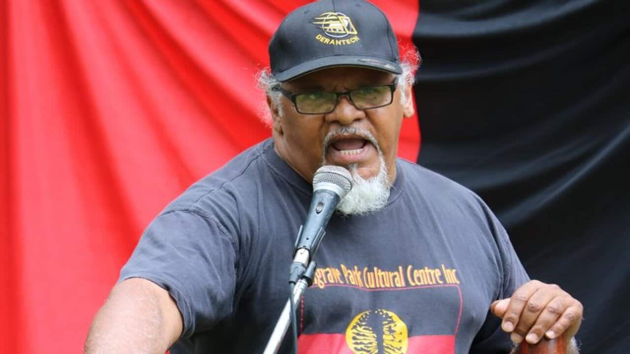 Wangan & Jagalingou Activist Adrian Birrigubba Brisbane (Meanjin) memorial for Dundali and First Nations Warriors of Resistance Brisbane PO 050118