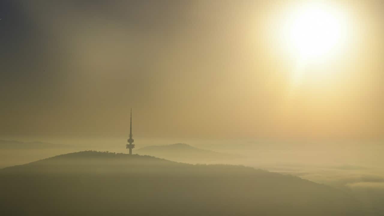 Black Mountain tower is seen at sunrise during the Canberra International Balloon festival in Canberra, Thursday, March 15, 2018.