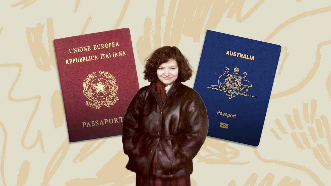 An Australian woman pictured between Italian and Australian passports, representing dual citizenship and Italy's new citizenship rules.