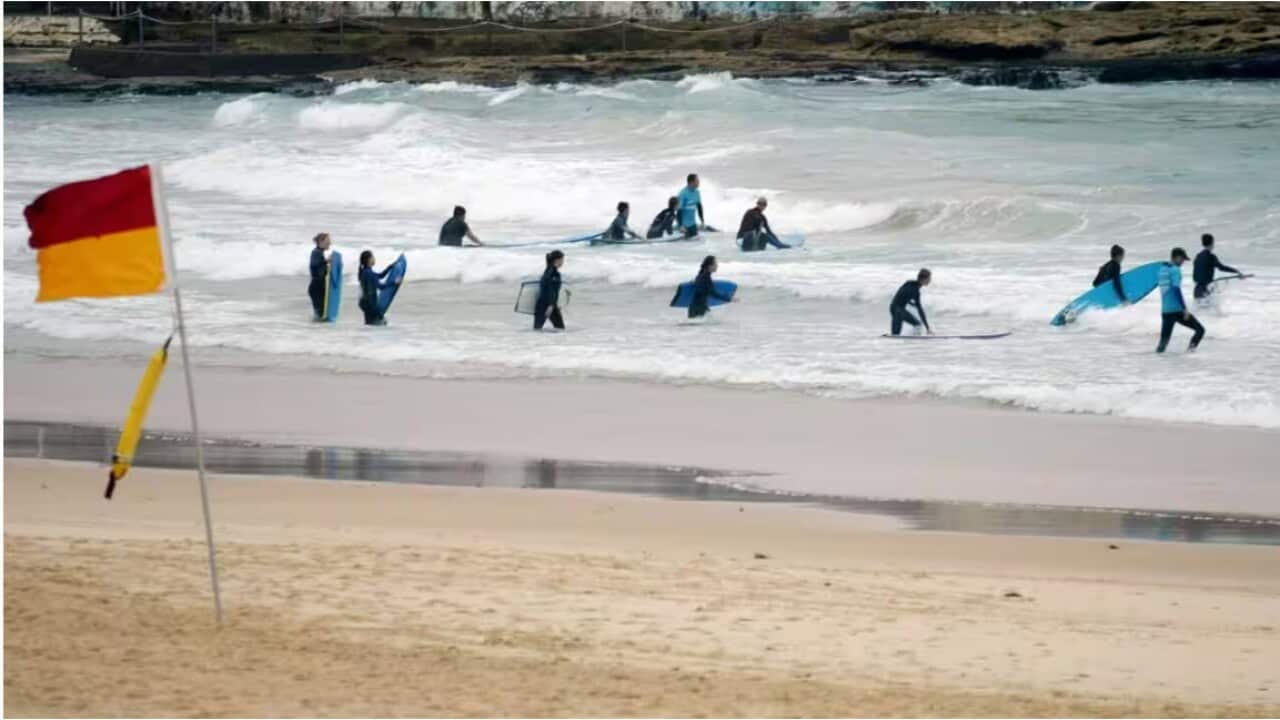 Flags indicating lifesavers are on duty and monitoring swimmers can be seen at Bondi Beach in Sydney.jpg