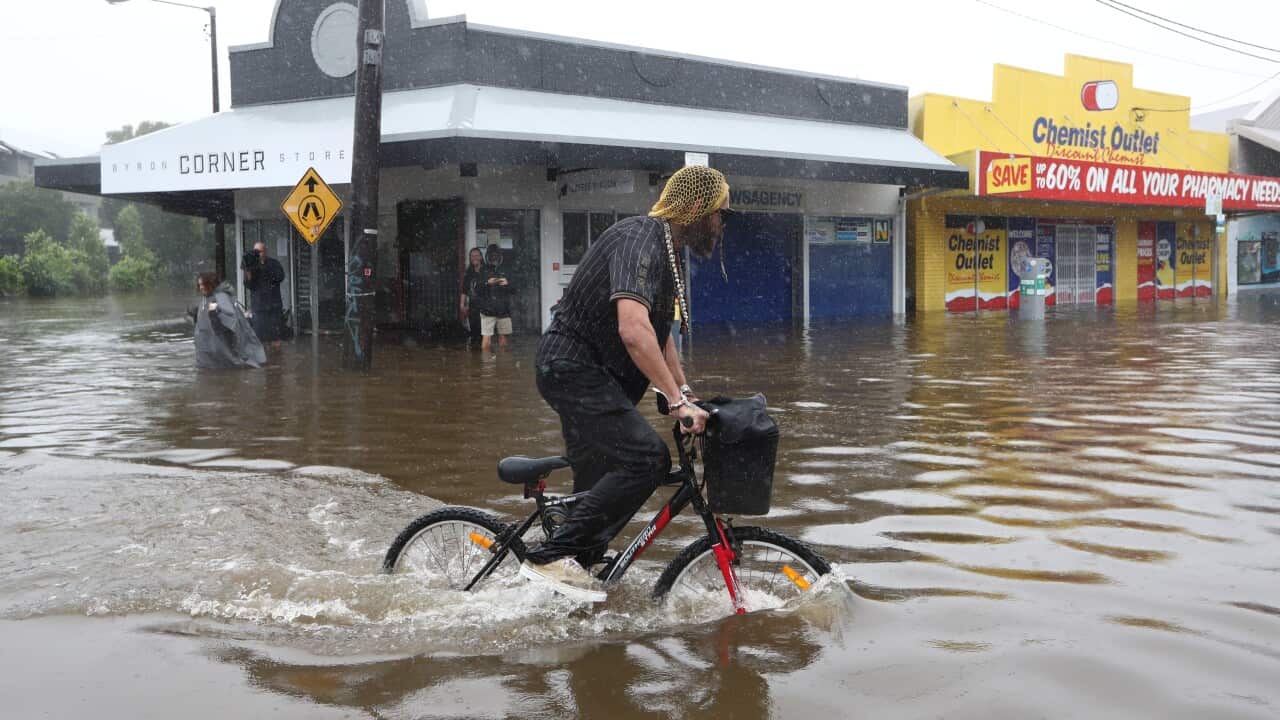 Flooded scenes in Jonson st Byron Bay, NSW, Wednesday, March 30, 2022. (AAP Image/Jason O'Brien) NO ARCHIVING