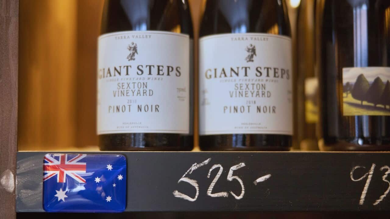 Australian wine is seen on a shop shelf in Shanghai, China.