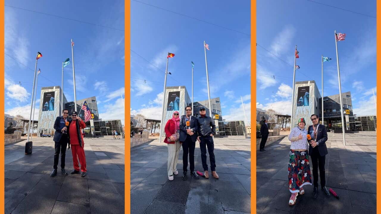 Jalur Gemilang berkibar megah di Federation Square, Melbourne, sempena sambutan Hari Malaysia 2026. Credit: SBS Bahasa Melayu