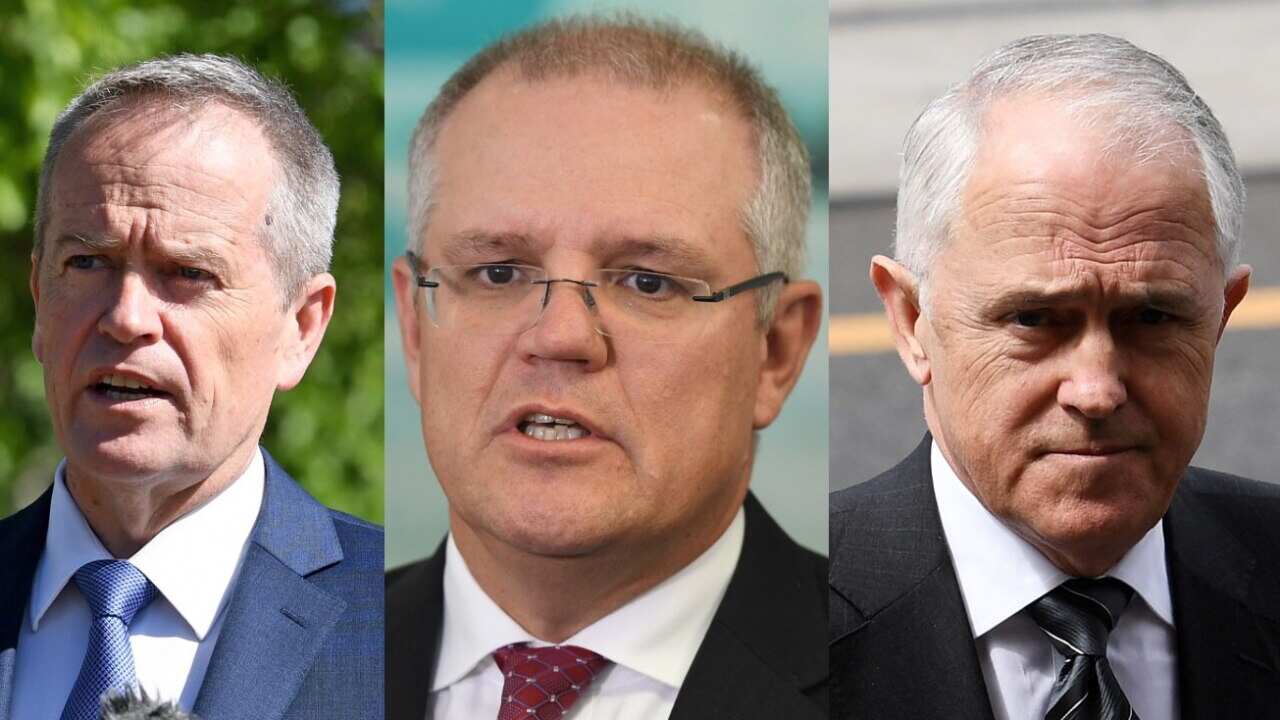 File images: Labor leader Bill Shorten (L), PM Scott Morrison and Malcolm Turnbull (R)