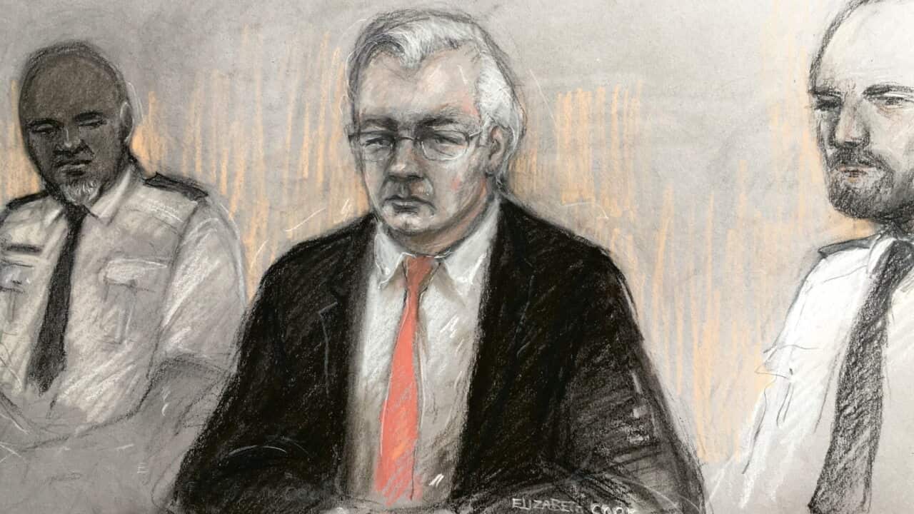 A court artist sketch of Julian Assange appearing at the Old Bailey, London.