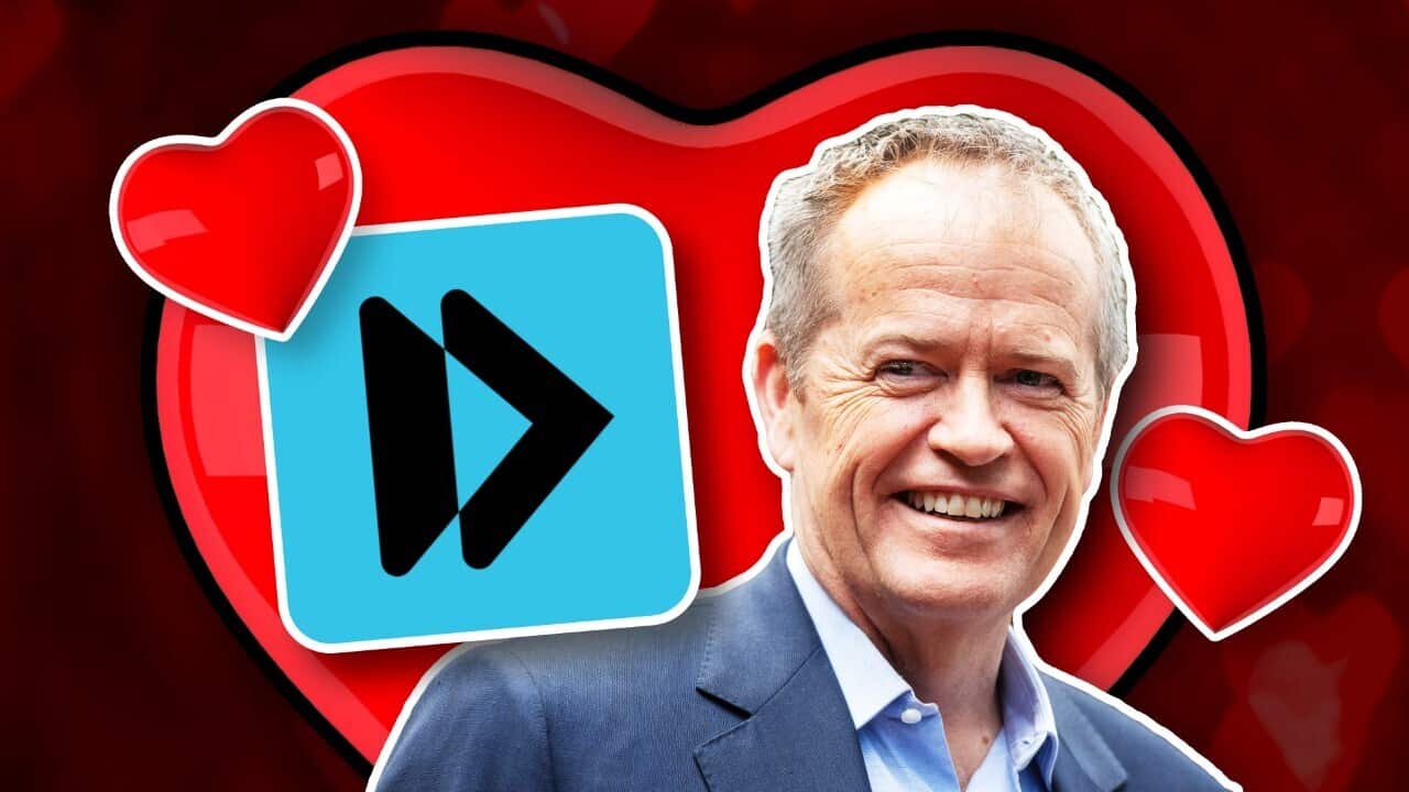 A graphic showing NDIS Minister Bill Shorten surrounded by love hearts and an image of the MyGov logo.