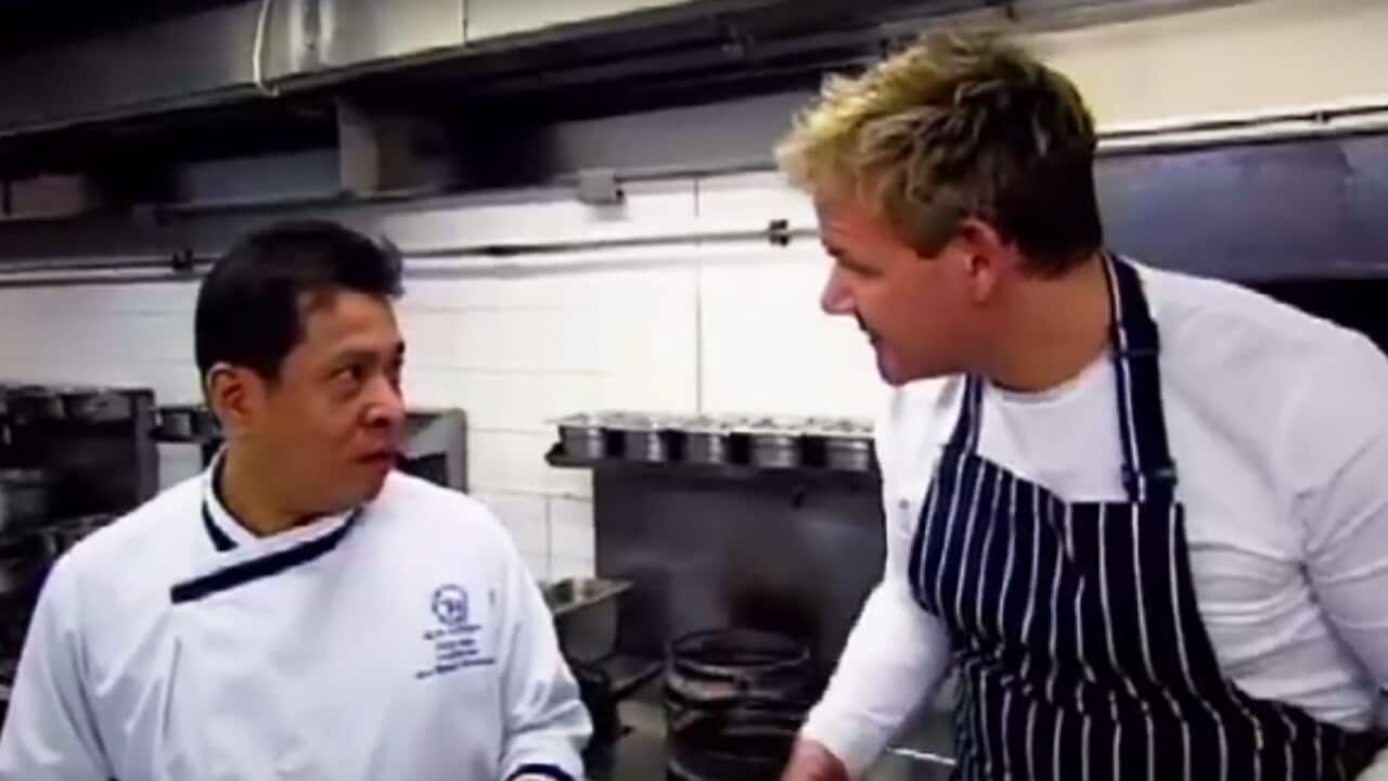 The celebrity chef gets schooled by Blue Elephant's chef Chang.