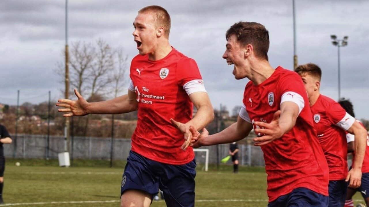 Angus Chapman celebrates a goal for Barnsley's Under-18s side
