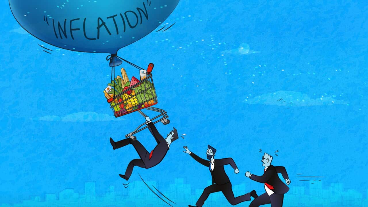 Running men trying to catch the shopping cart full of food flying away with the inflation bubble.