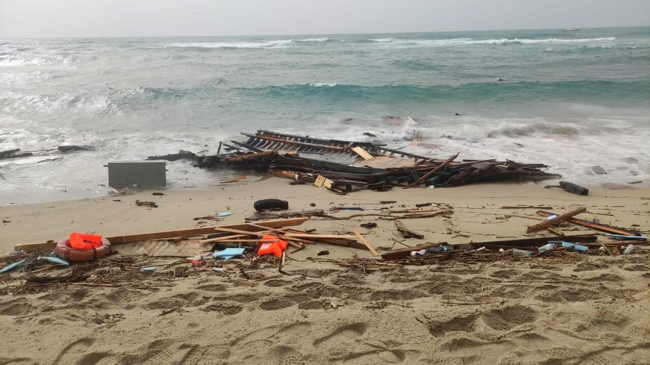 Debris washed ashore at a beach near Cutro, Crotone province, southern Italy, 26 February 2023.