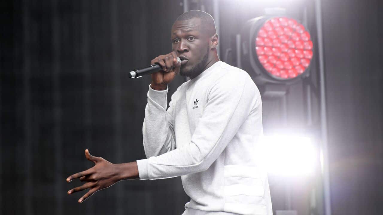 British grime artist Stormzy on stage.