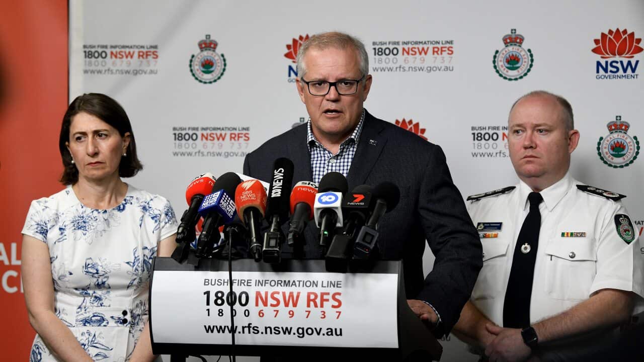 Gladys Berejiklian, Scott Morrison Shane Fitzsimmons speak to the media during a press conference at NSW Rural Fire Service (RFS) Headquarters.